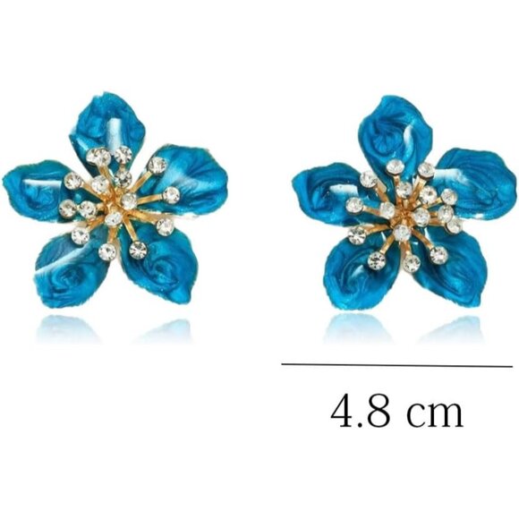 Women's Blue Rhinestone Beauty Cute Flower Statement Dainty Stud Earrings - Picture 2 of 4